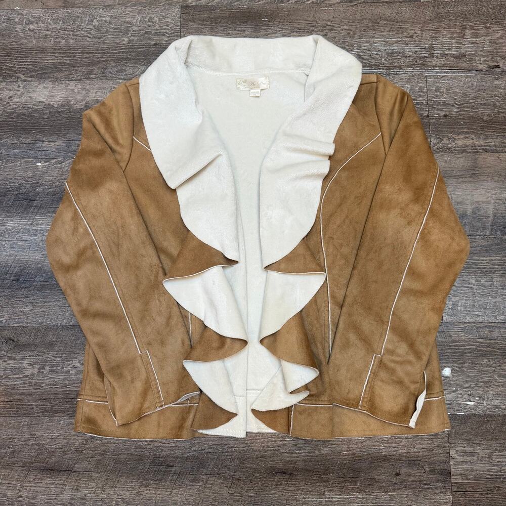 AU LIEU Tan Faux Suede Ruffle Drape Front Jacket Fleece Lined 1X